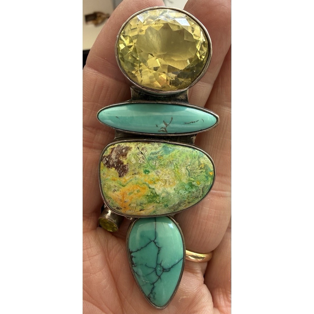 Vintage AKR Amy Kahn Russell 925 Variscite Citrine Turquoise Pendant Brooch